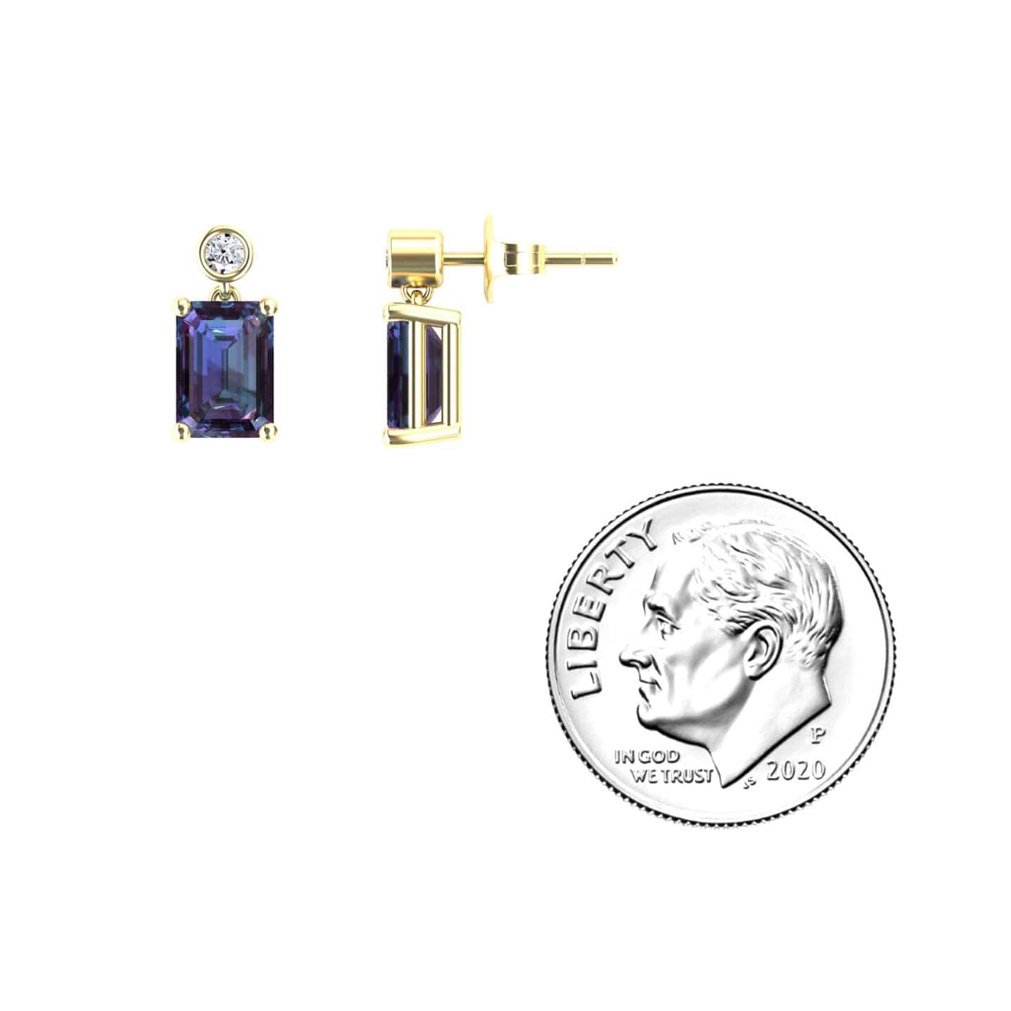 Lab Grown Alexandrite & White Diamond Drop Earrings - Gracia: Rectangular purple alexandrite stones with a round white diamond above each, shown next to a U.S. dime for scale. Earring post and side profile are also visible.