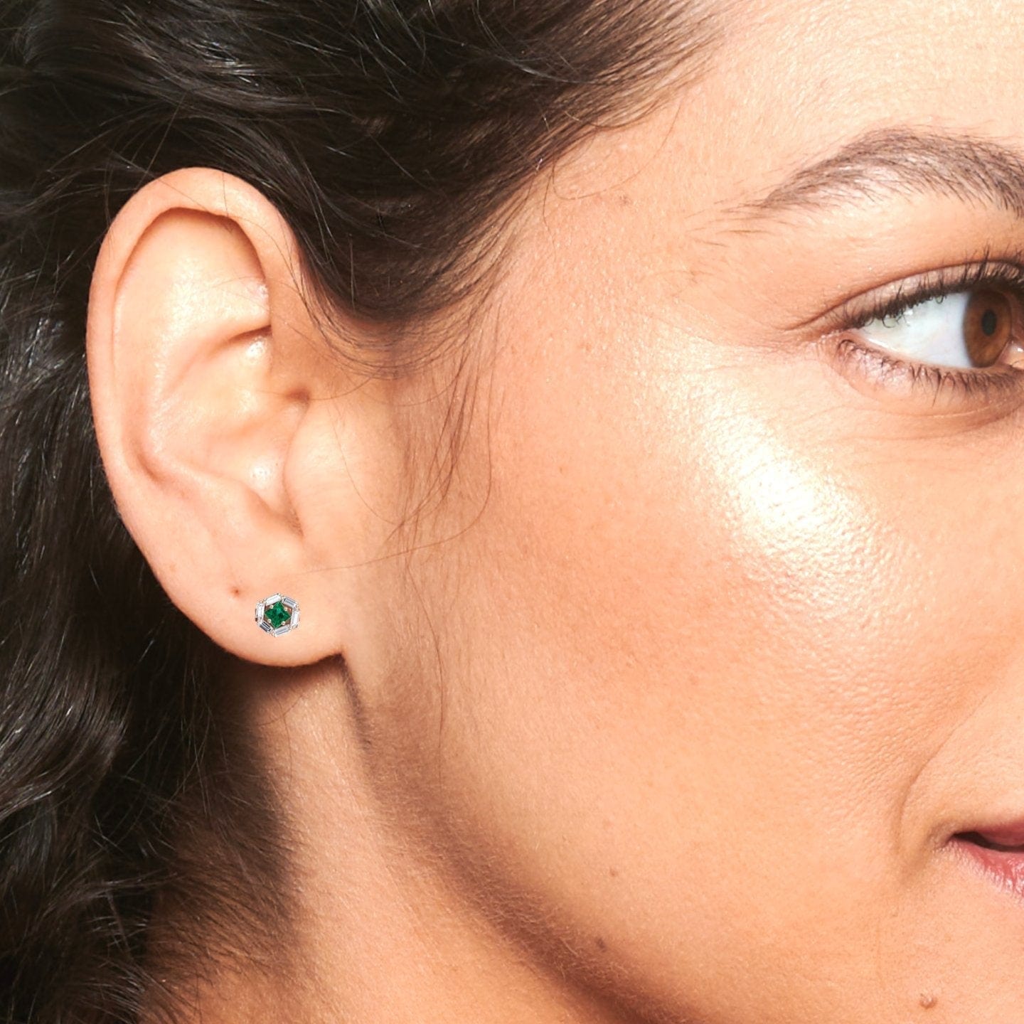 Emerald & Diamond Hexagon Halo Stud Earrings - Kiara
