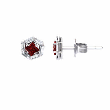 Ruby & Diamond Hexagon Halo Stud Earrings - Kiara: These silver stud earrings feature a central red gemstone with a clear baguette-cut stone halo. One earring is shown front-facing; the other shows the side and post for detail.