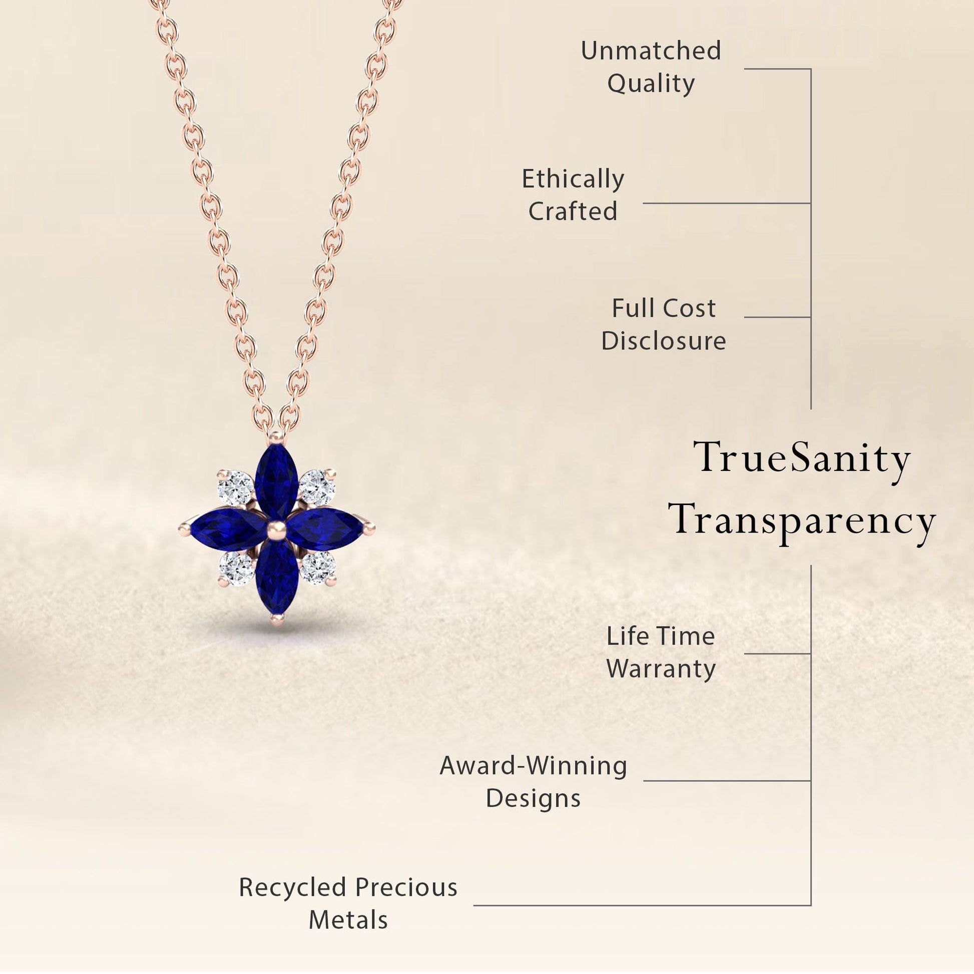 The Blue Sapphire & Diamond Flower Necklace - Keira is displayed beside a list of features: unmatched quality, ethically crafted, transparent pricing, lifetime warranty, award-winning design, and recycled metals.