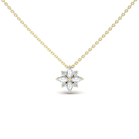 The White Diamond Flower Necklace - Keira features a flower-shaped pendant adorned with sparkling white diamonds, displayed on a white background.