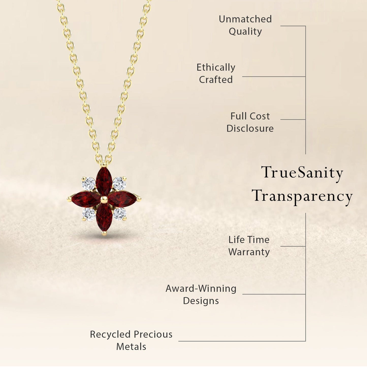 The Ruby & Diamond Flower Necklace - Keira features a flower-shaped pendant with red and white gemstones. Text highlights the brand’s transparency, quality, ethics, lifetime warranty, recycled metals, and award-winning designs.