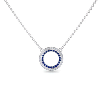 Blue Sapphire & Diamond Double Halo Circle Necklace - Mona