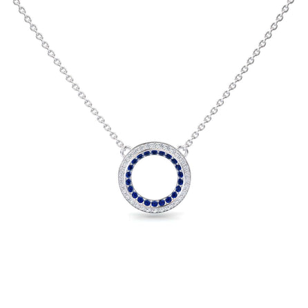 Blue Sapphire & Diamond Double Halo Circle Necklace - Mona