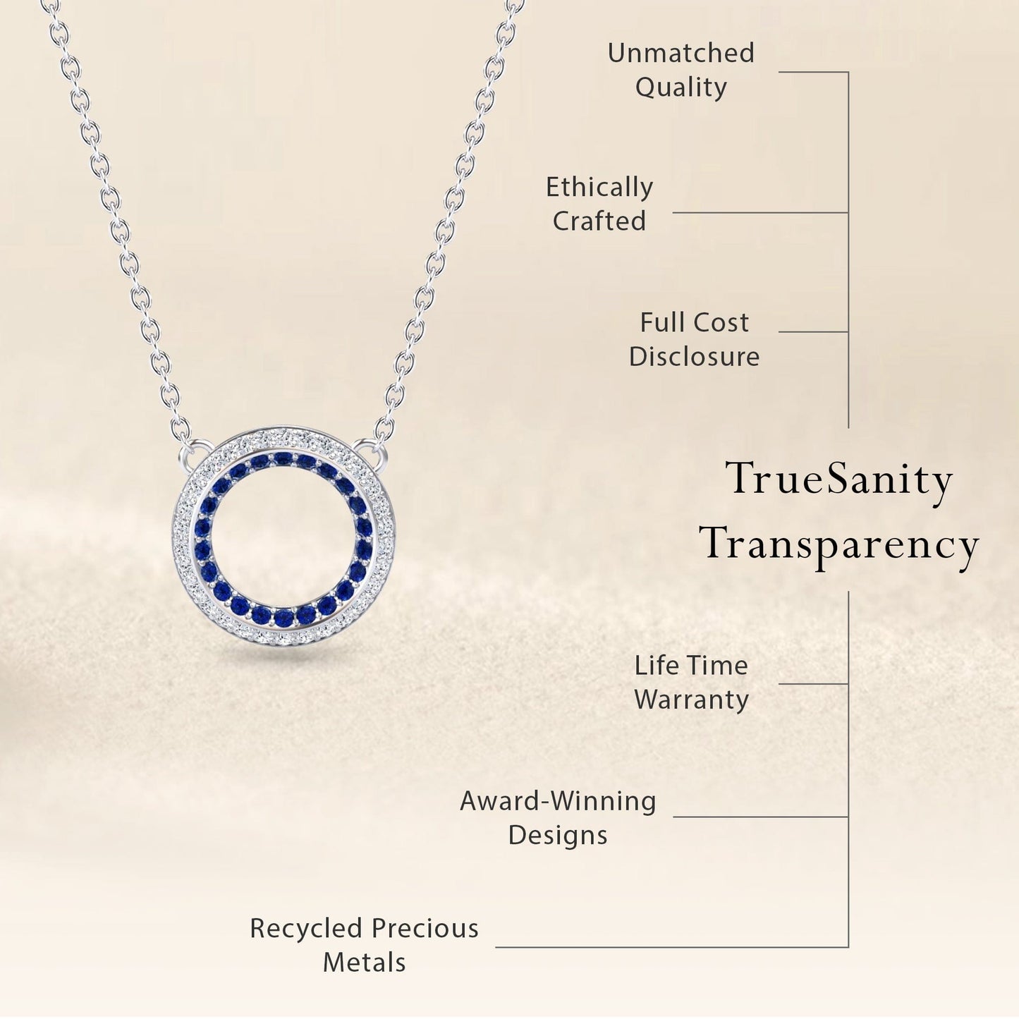 The Blue Sapphire & Diamond Double Halo Circle Necklace - Mona, a silver necklace with blue and clear stones in a round pendant, is shown. On the right, text highlights quality, ethical crafting, cost transparency, warranty, design awards, and recycled metals.