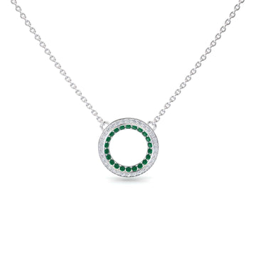 Emerald & Diamond Double Halo Circle Necklace - Mona