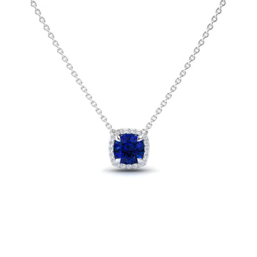 Lab Grown Blue Sapphire & Diamond Halo Necklace - Eileen