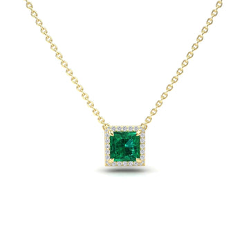 Lab Grown Emerald  & Diamond Halo Necklace - Gabriella