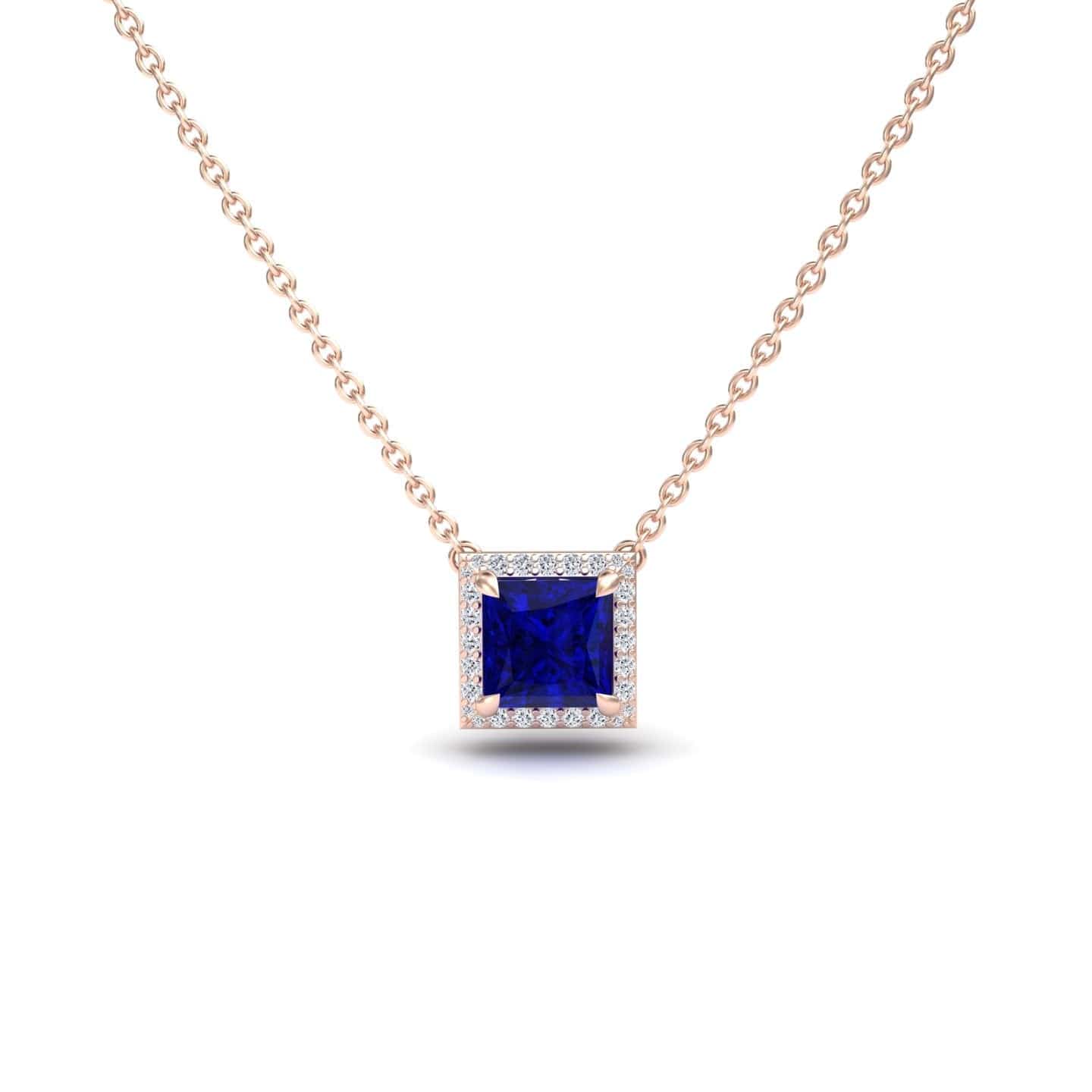 Lab Grown Blue Sapphire & Diamond Halo Necklace - Gabriella