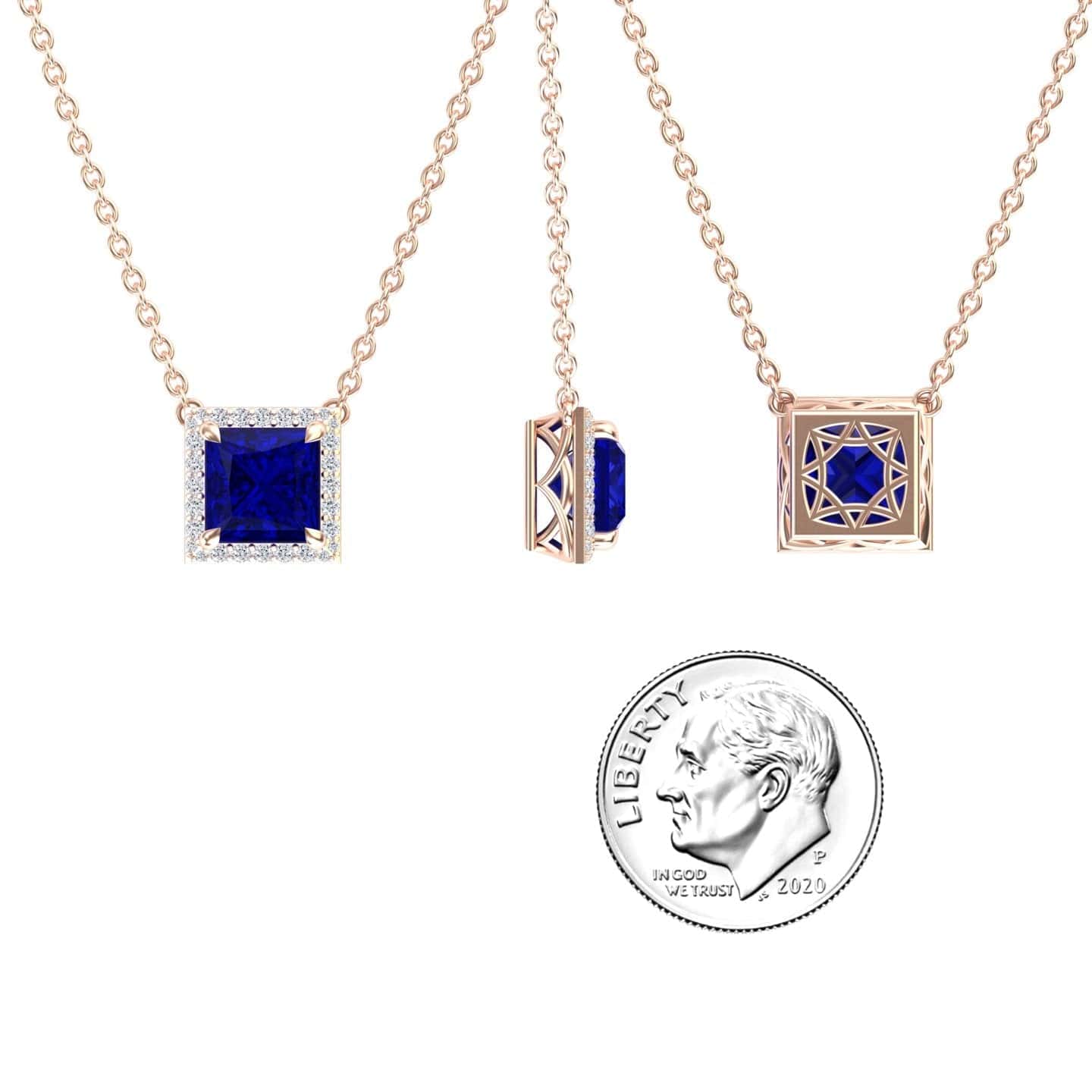 Lab Grown Blue Sapphire & Diamond Halo Necklace - Gabriella