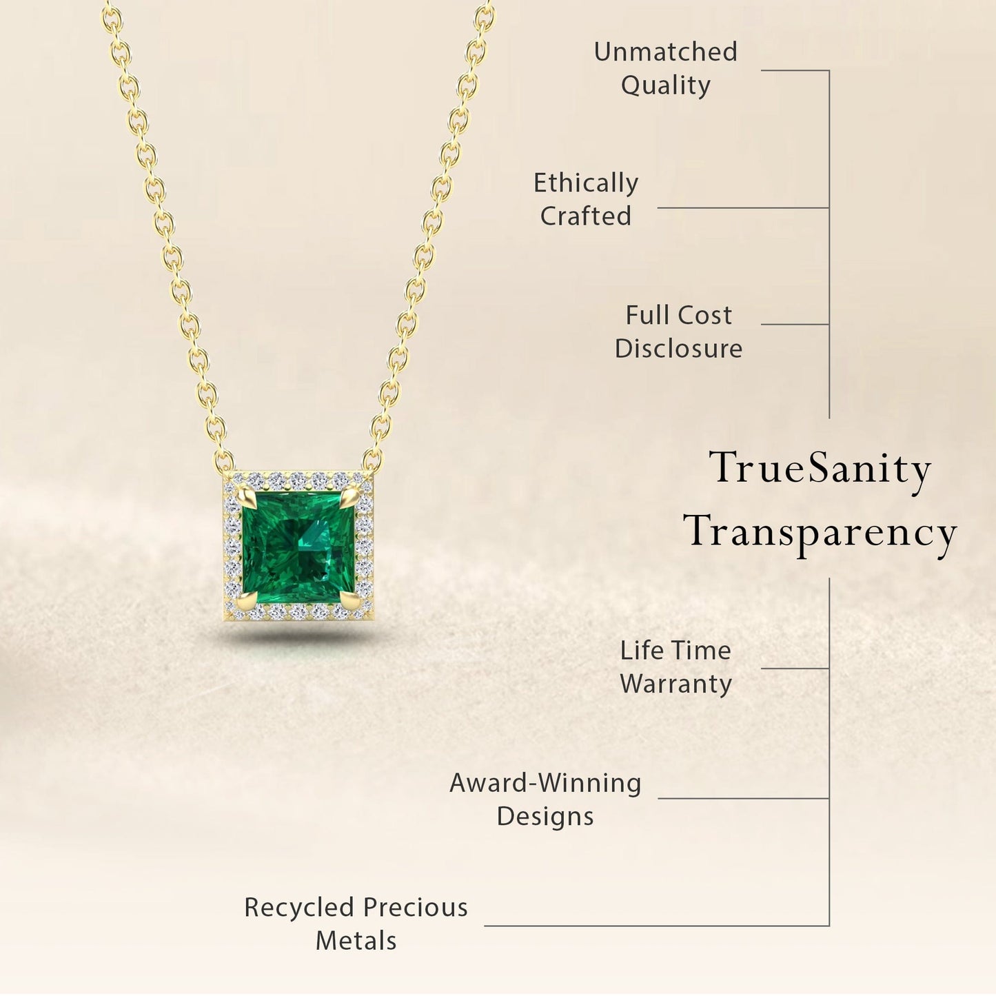 Lab Grown Emerald  & Diamond Halo Necklace - Gabriella