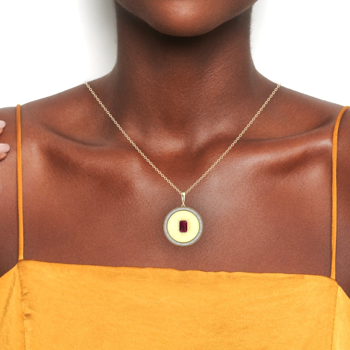 Ruby & Diamond Textured Medallion Necklace - Jasmine