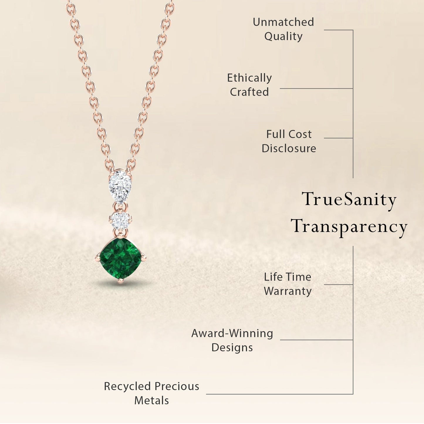 Lab Grown Emerald & Diamond Three Stone Drop Necklace - Roshni