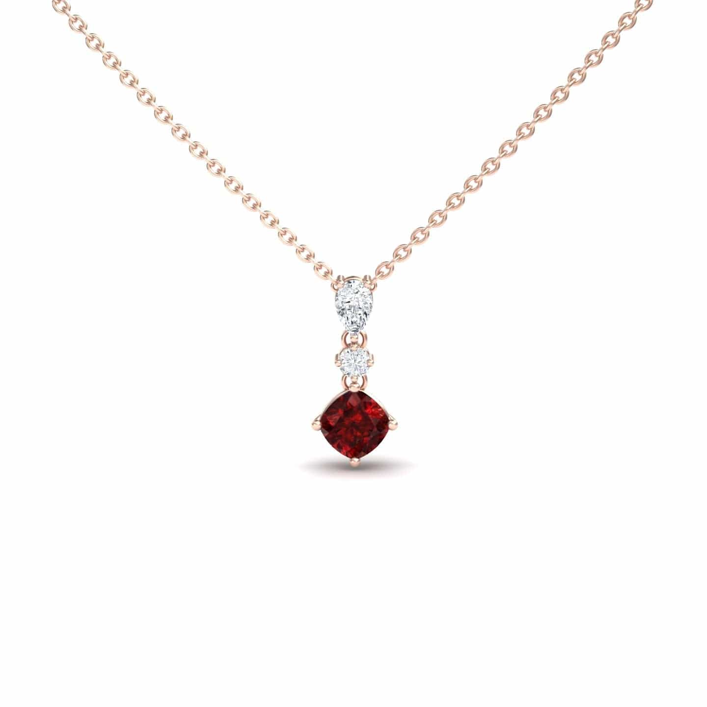 Lab Grown Ruby & Diamond Three Stone Drop Necklace - Roshni