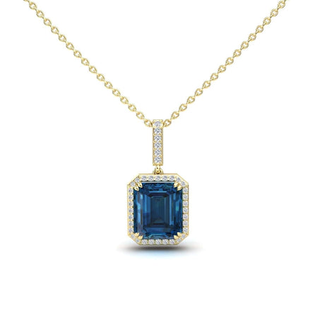 The London Blue Topaz & Diamond Halo Necklace - Sanya features a gold chain with a square-cut blue topaz pendant, surrounded by white diamonds and accented with more diamonds on the bail.