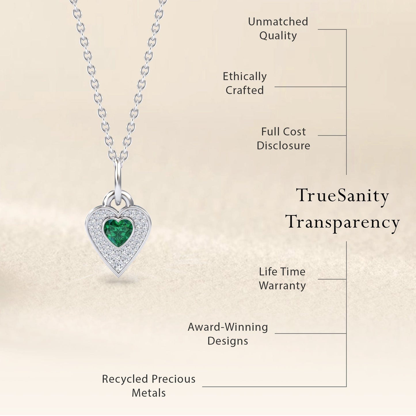 Lab Grown Emerald & White Diamond Heart Necklace - Tara