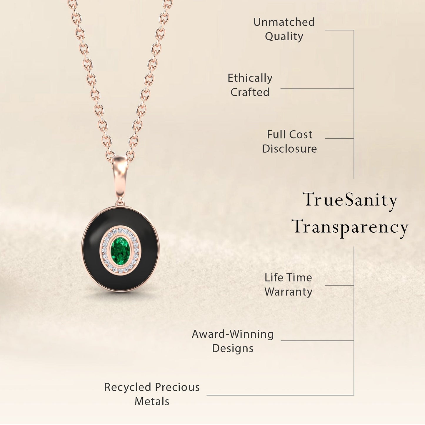 Emerald & Diamond Black Enamel Halo Necklace - Edith