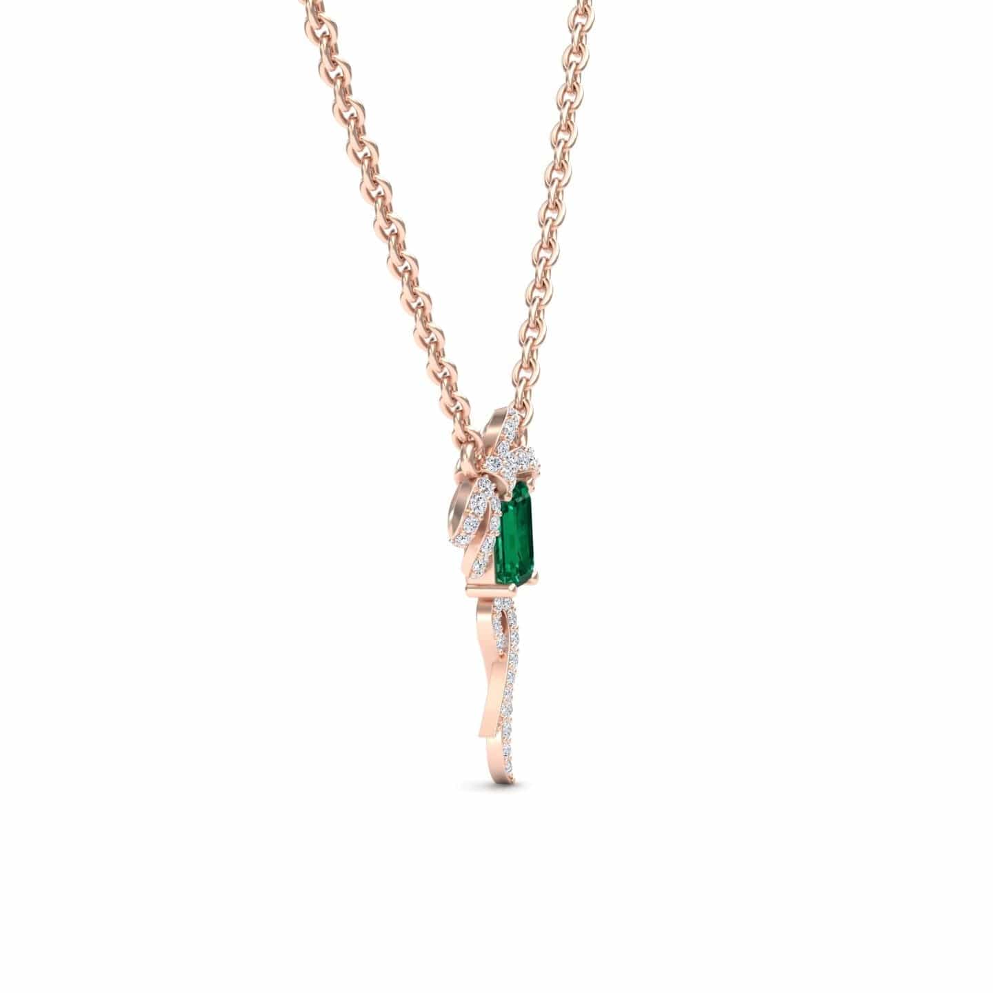Lab Grown Emerald & Diamond Bow Ribbon Necklace - Meiling
