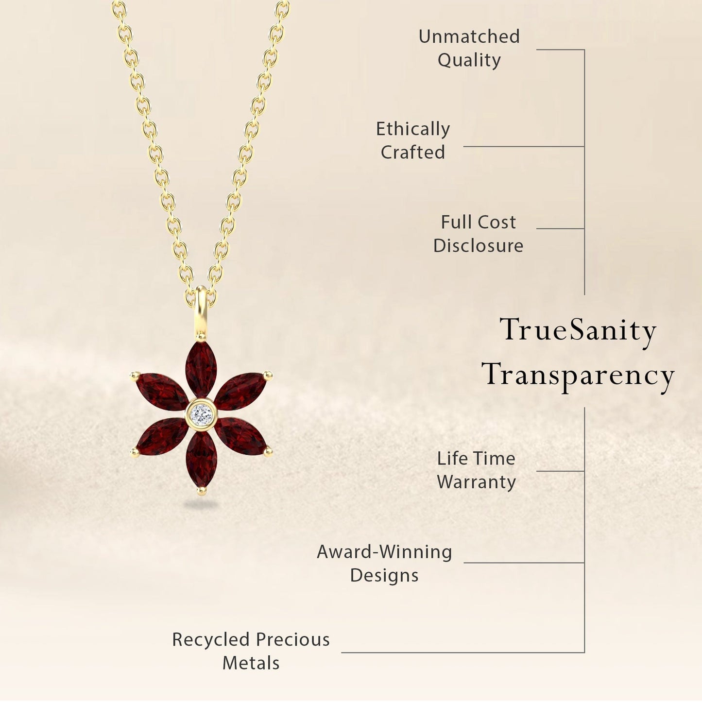 The Erin necklace features a gold chain with a lab-grown ruby and diamond floral pendant. Text beside it highlights transparency, ethical crafting, full cost disclosure, recycled metals, and other core brand values.
