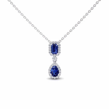 Blue Sapphire & Diamond Double Halo Drop Necklace - Sarai