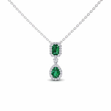 Emerald & Diamond Double Halo Drop Necklace - Sarai