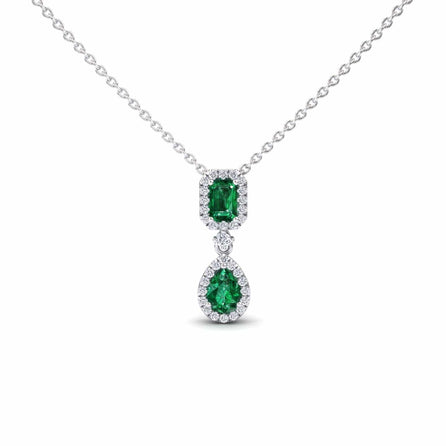 Emerald & Diamond Double Halo Drop Necklace - Sarai