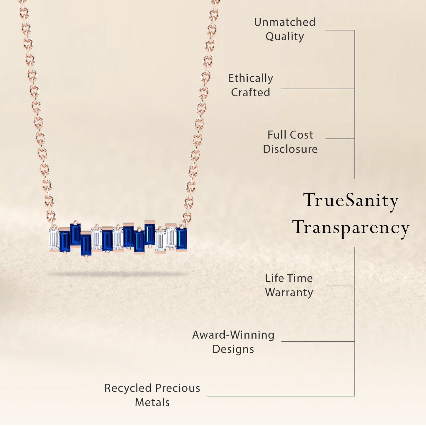 The Lab Grown Blue Sapphire & Diamond Geometric Bar Necklace - Fernanda, a gold chain with blue and clear gemstones, is shown. Features: unmatched quality, ethical crafting, cost transparency, lifetime warranty, award-winning design, recycled metals.