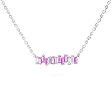The Lab Grown Pink Sapphire & Diamond Geometric Bar Necklace - Fernanda showcases a silver chain with a horizontal bar pendant featuring alternating rectangular pink and clear stones, displayed on a white background.