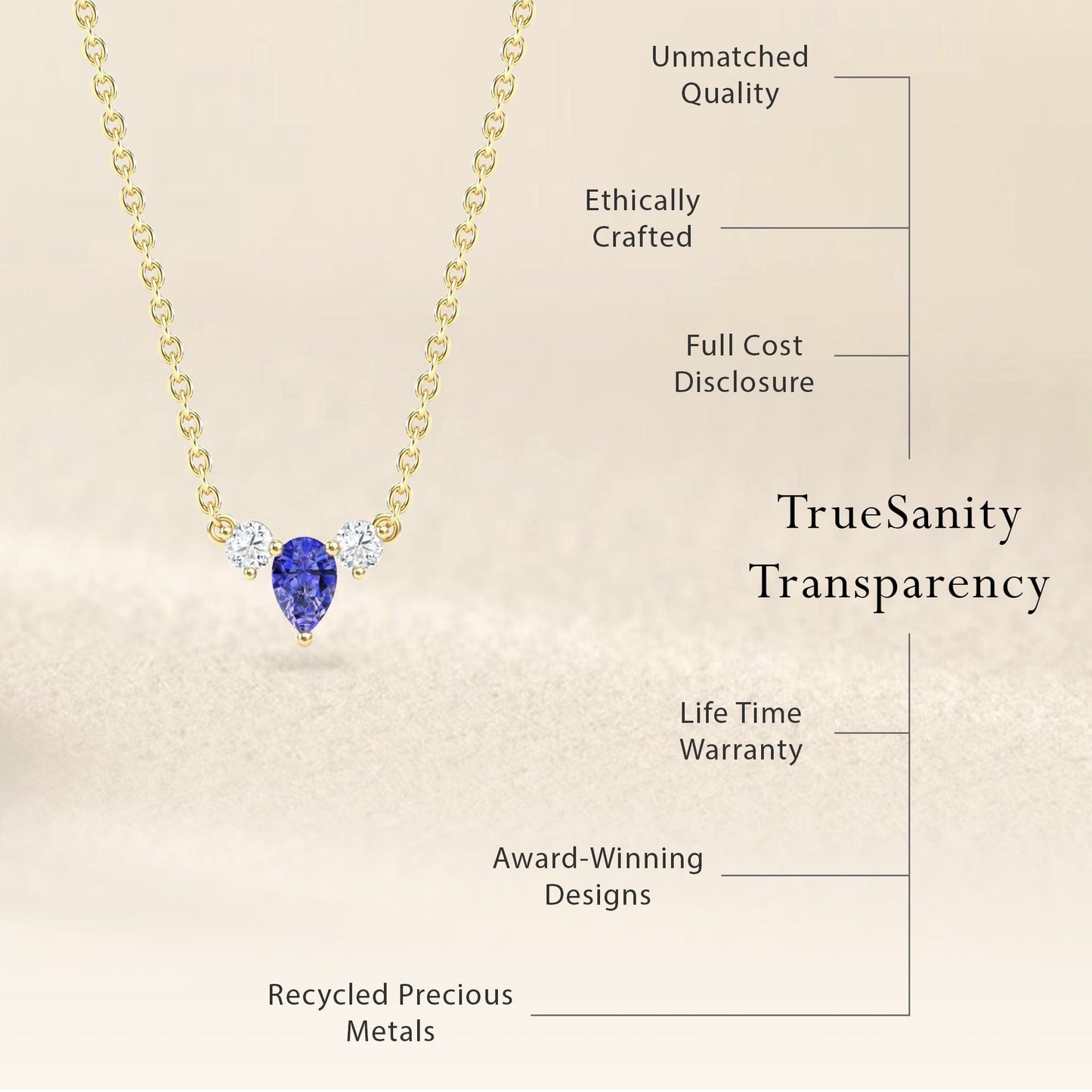 The Tanzanite & Diamond Three-Stone Necklace - Jina features a gold chain with a blue teardrop tanzanite pendant flanked by two diamonds, and highlights benefits like Ethically Crafted, Award-Winning Designs, and Recycled Precious Metals.