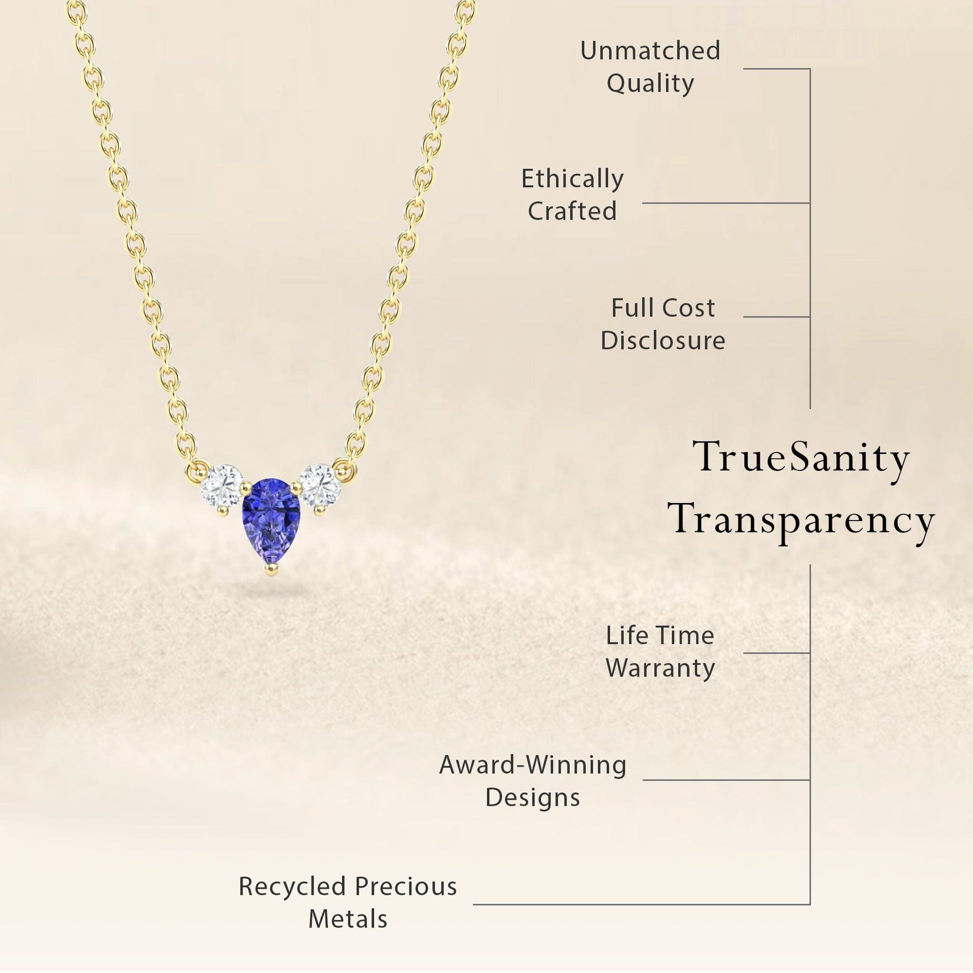 The Tanzanite & Diamond Three-Stone Necklace - Jina features a gold chain with a blue teardrop tanzanite pendant flanked by two diamonds, and highlights benefits like Ethically Crafted, Award-Winning Designs, and Recycled Precious Metals.