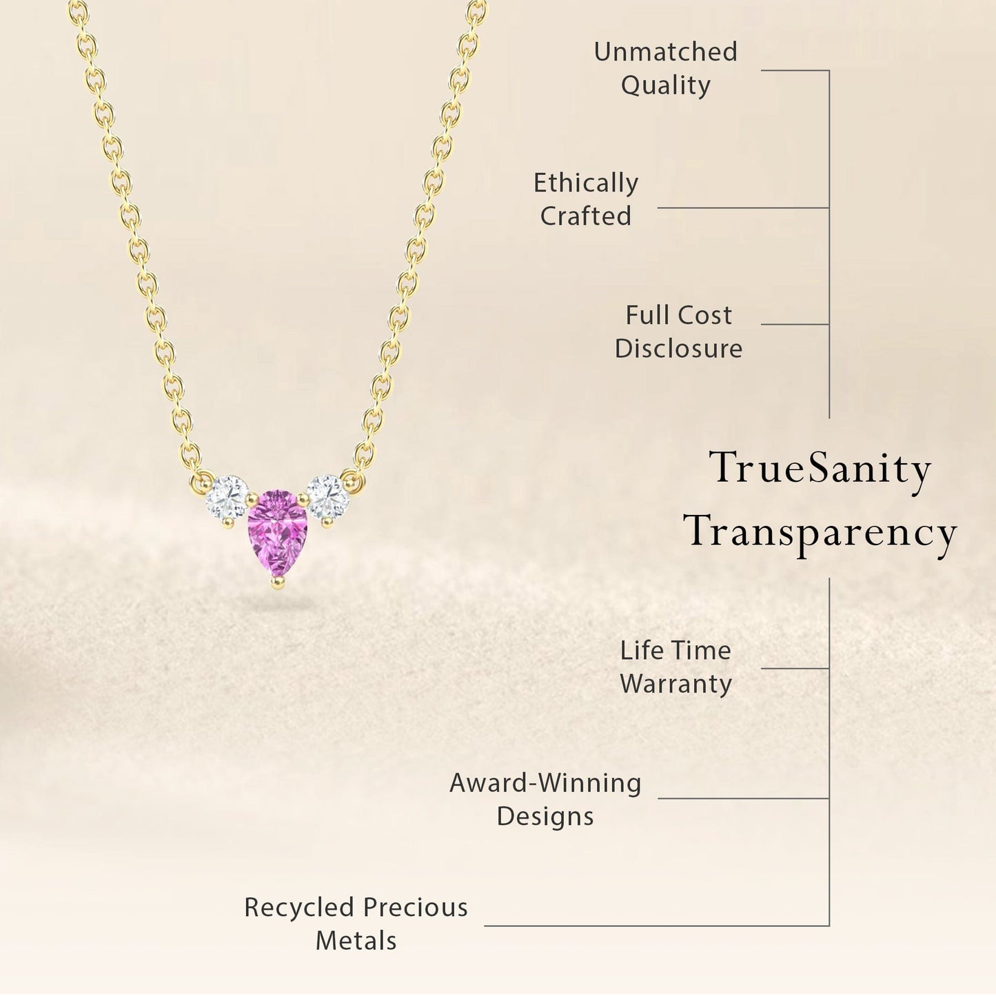 The Pink Sapphire & Diamond Three-Stone Necklace - Jina features a teardrop pink sapphire and two diamonds, crafted with recycled metals under TrueSanity Transparency. Highlights: quality, ethics, affordable price, warranty, and award-winning design.