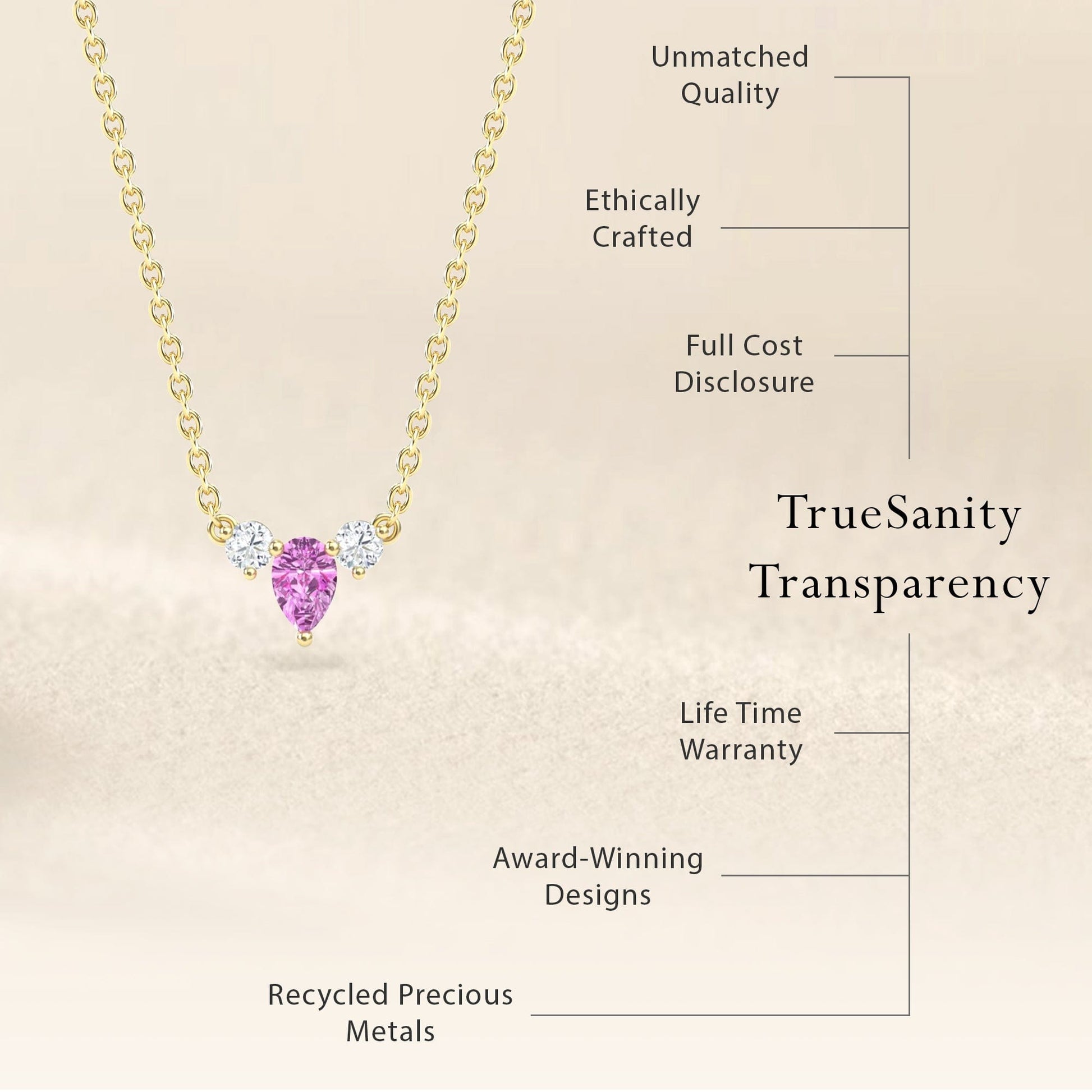 The Pink Sapphire & Diamond Three-Stone Necklace - Jina features a teardrop pink sapphire and two diamonds, crafted with recycled metals under TrueSanity Transparency. Highlights: quality, ethics, affordable price, warranty, and award-winning design.