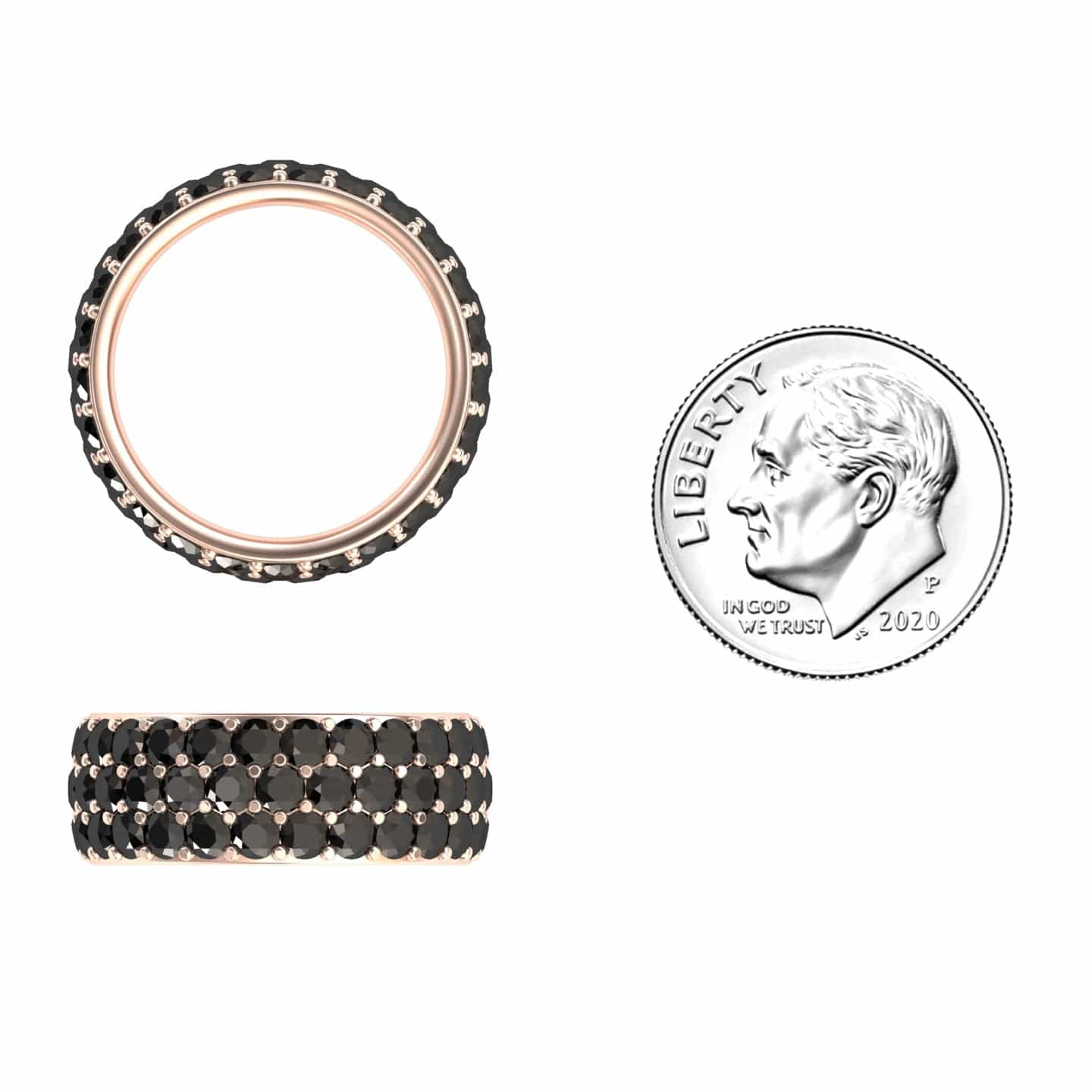 The Black Diamond Three Row Pave Set Wedding Band - Leila is shown from the top and side, next to a 2020 U.S. dime for size reference, all displayed on a white background.