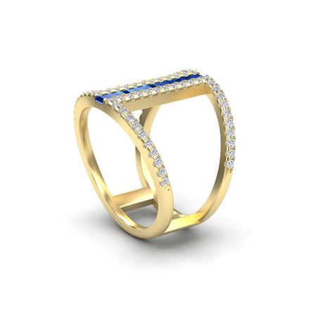 Blue Sapphire & Diamond Double Band Open Cuff Ring - Luci