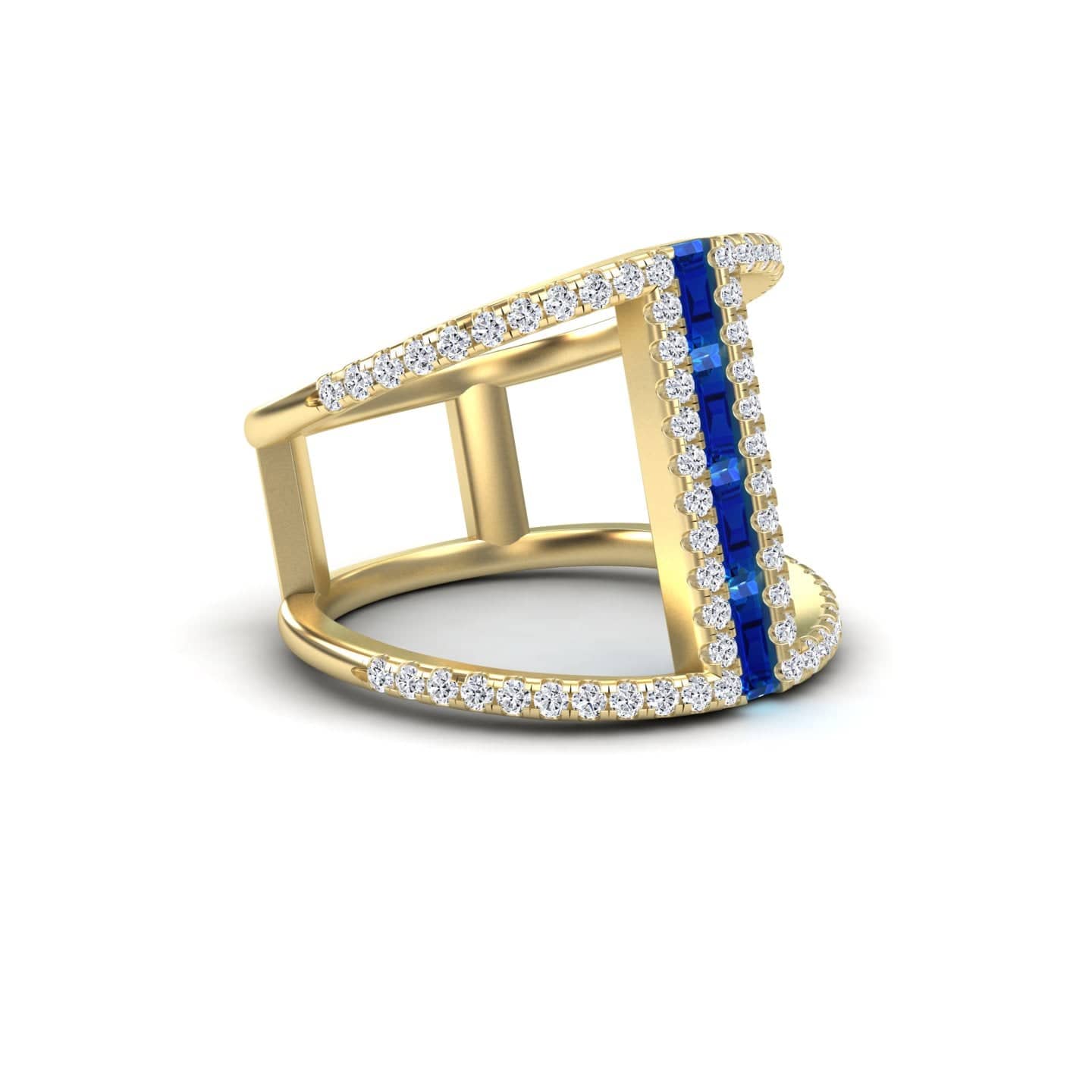 Blue Sapphire & Diamond Double Band Open Cuff Ring - Luci