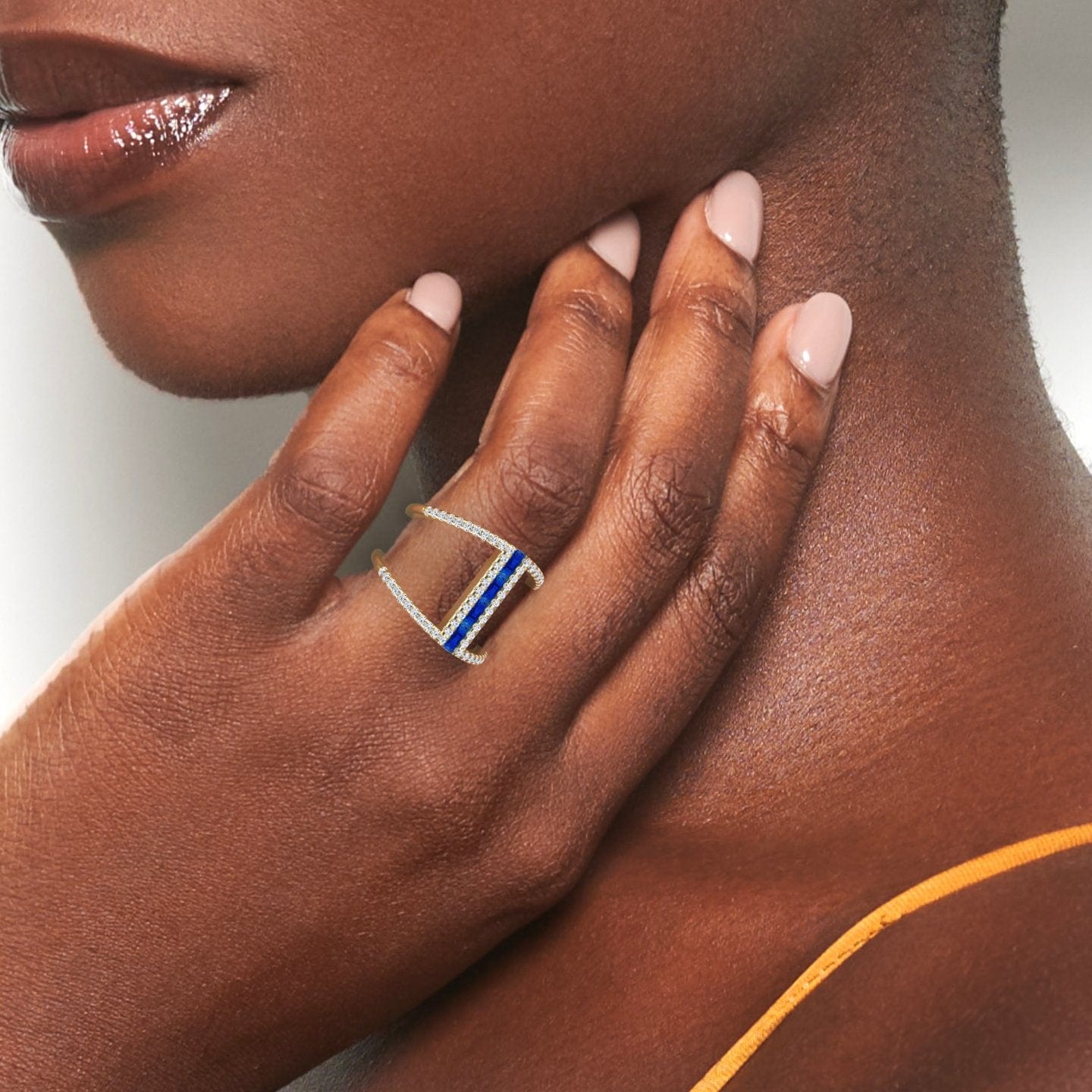 Blue Sapphire & Diamond Double Band Open Cuff Ring - Luci