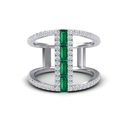 Emerald & Diamond Double Band Open Cuff Ring - Luci
