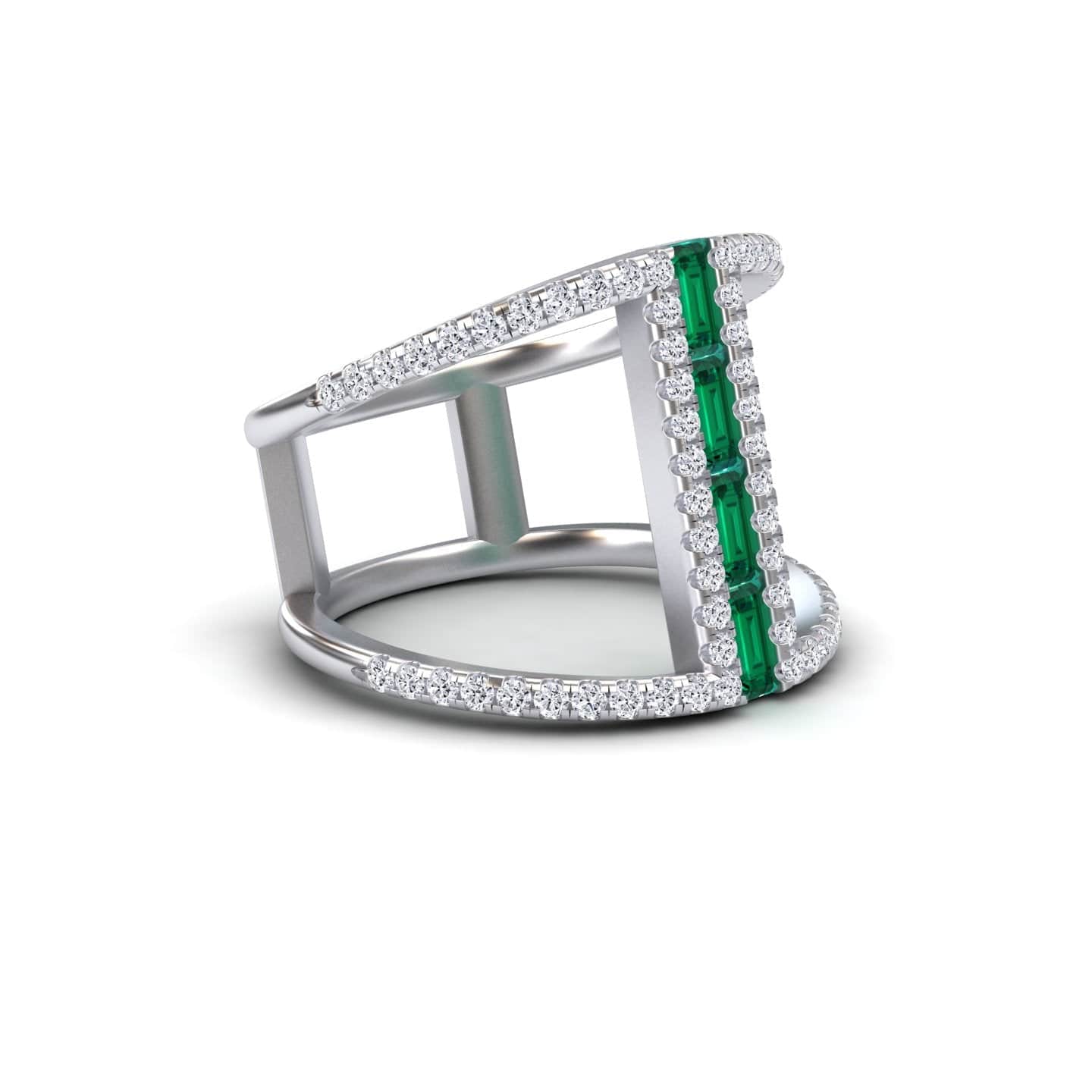 Emerald & Diamond Double Band Open Cuff Ring - Luci