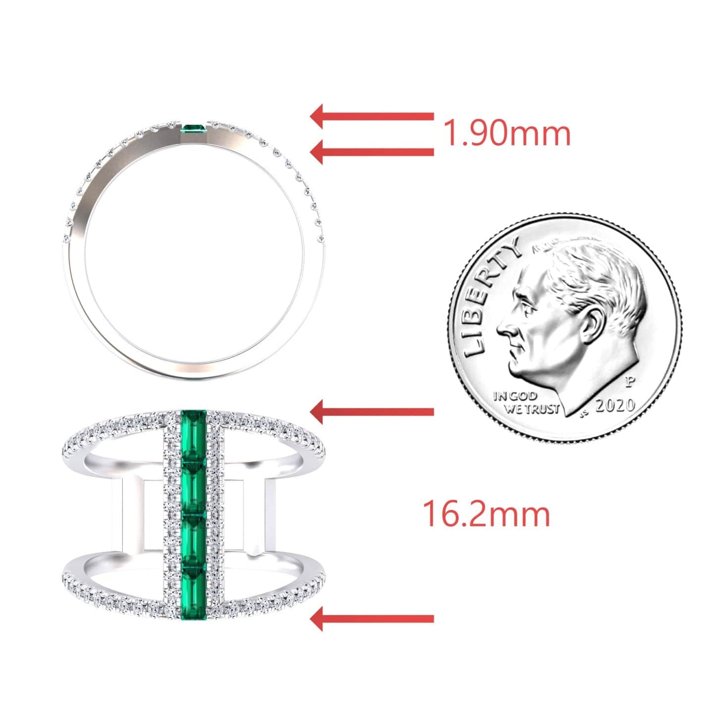 Emerald & Diamond Double Band Open Cuff Ring - Luci