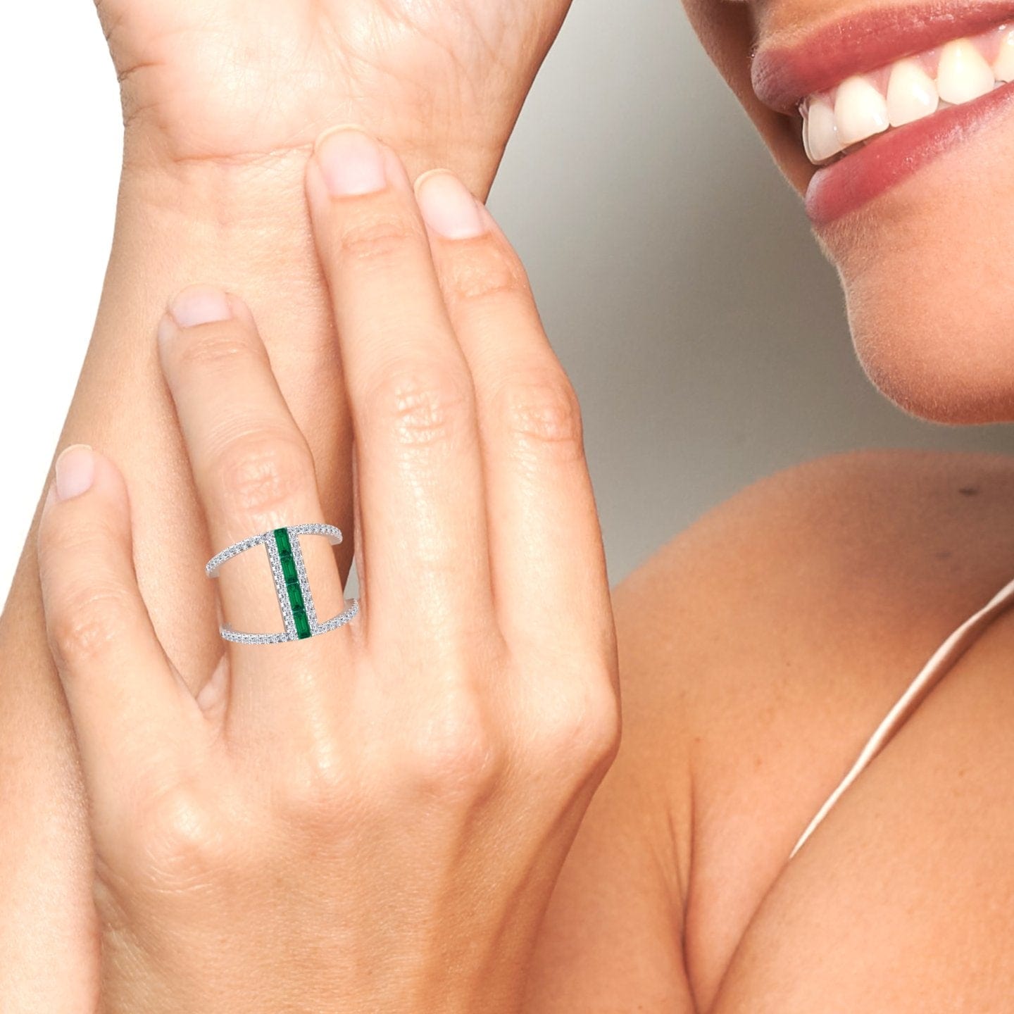Emerald & Diamond Double Band Open Cuff Ring - Luci