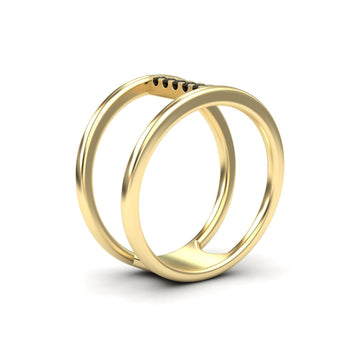 The Black Diamond Vertical Bar Split Band Ring - Opal is a modern gold ring with a double band and black stones along one edge, shown upright on a white background.