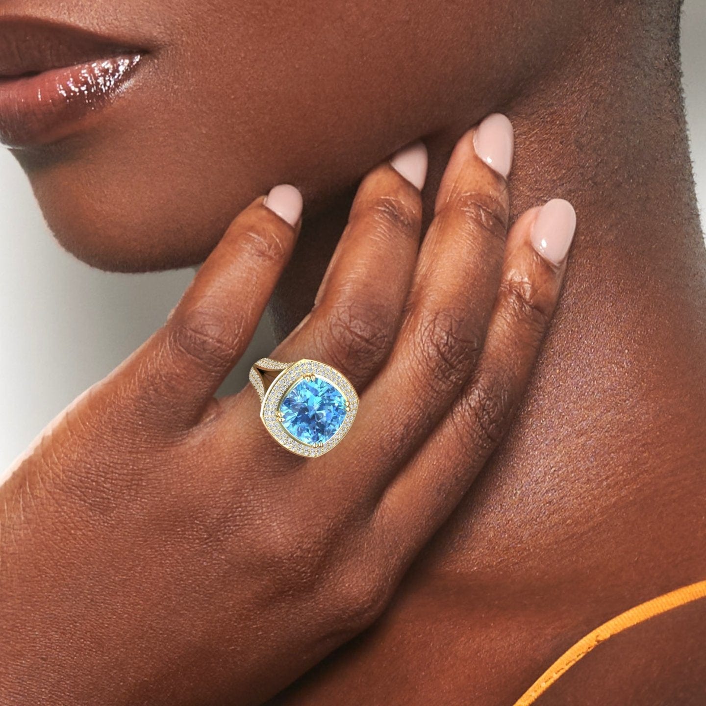 Sky Blue Topaz & Diamond Halo Statement Ring - Pooja