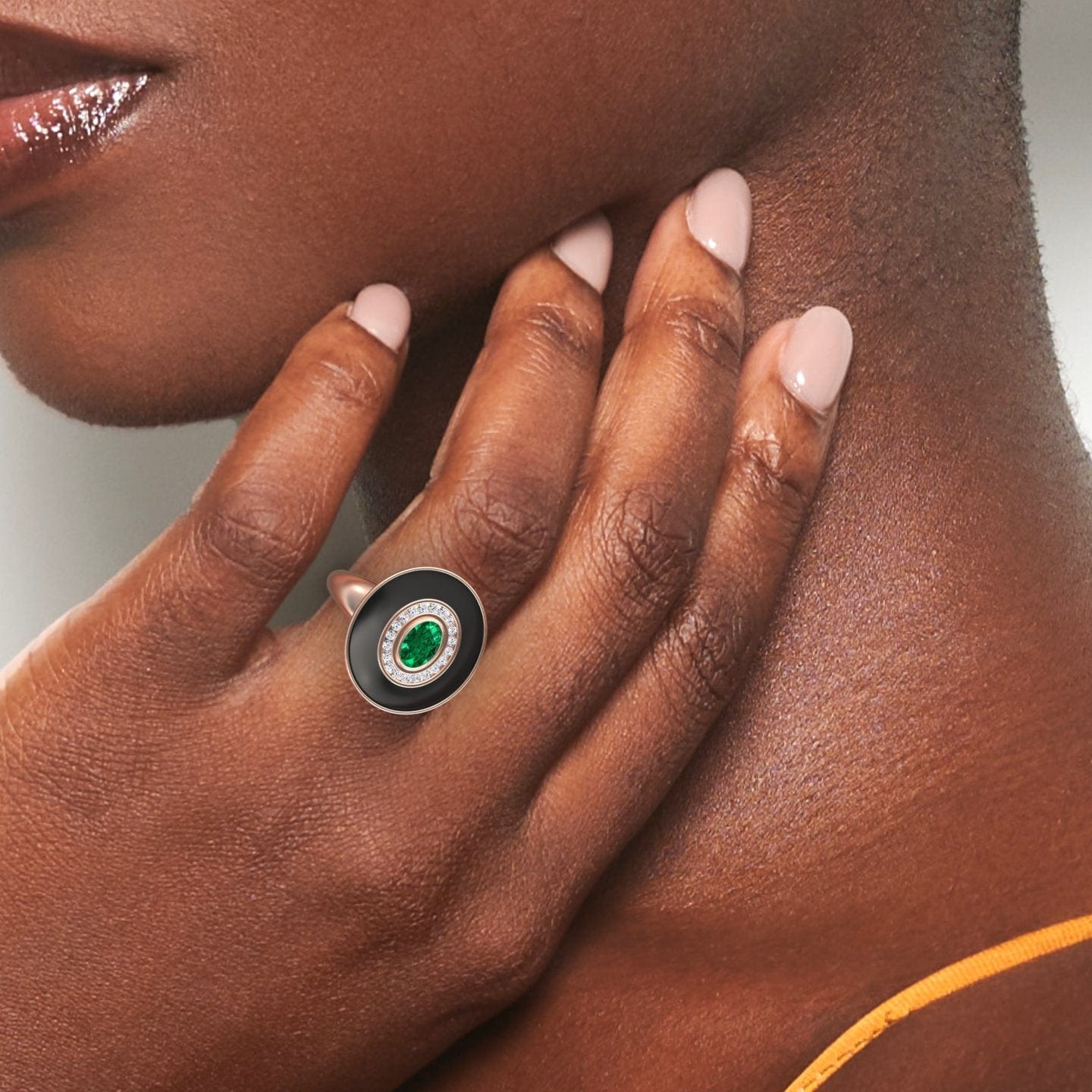 Emerald & Diamond Black Enamel Halo Ring - Camille