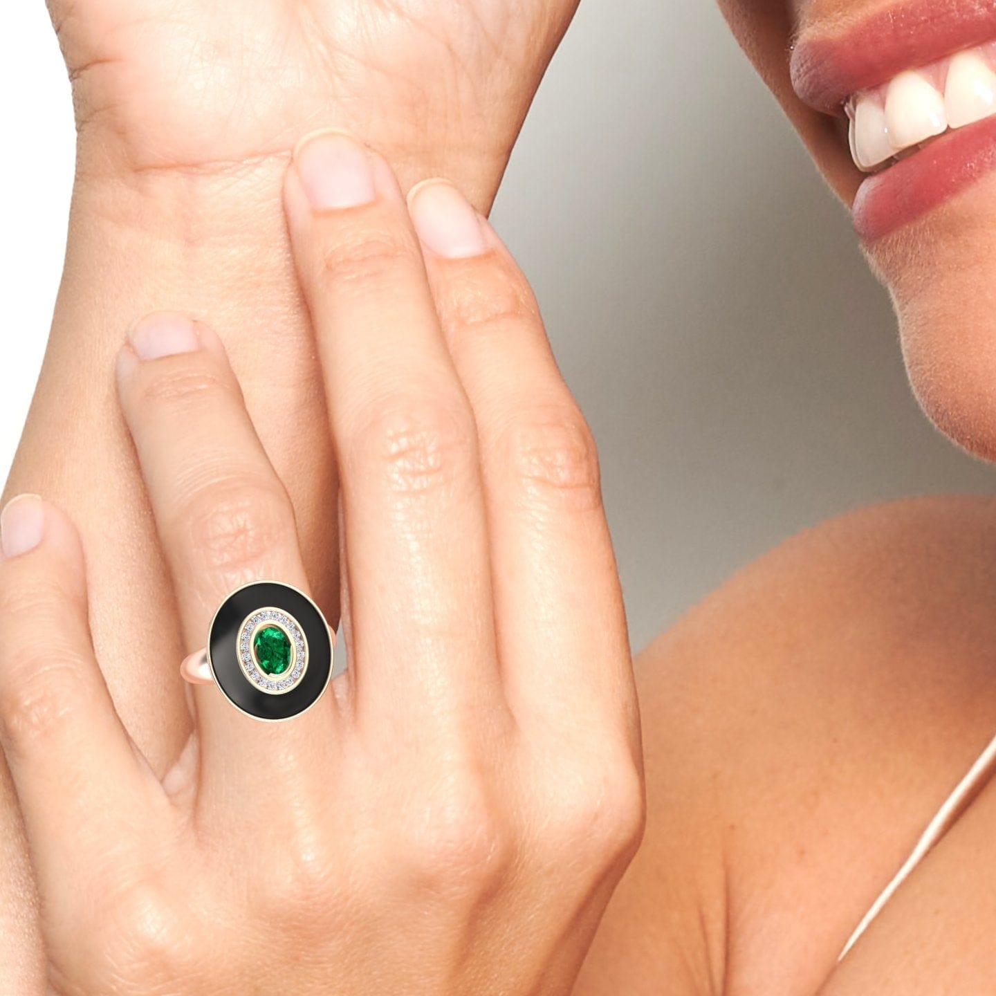 Emerald & Diamond Black Enamel Halo Ring - Camille