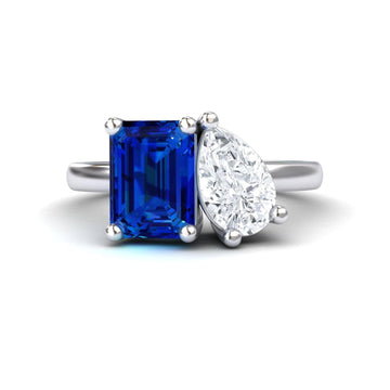 Lab Grown Blue Sapphire & Moissanite Toi et Moi Cocktail Ring  - Ellen