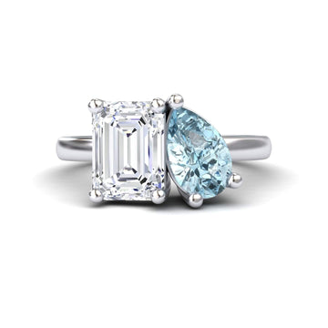 Moissanite & Aquamarine Toi et Moi Cocktail Ring  - Ellen