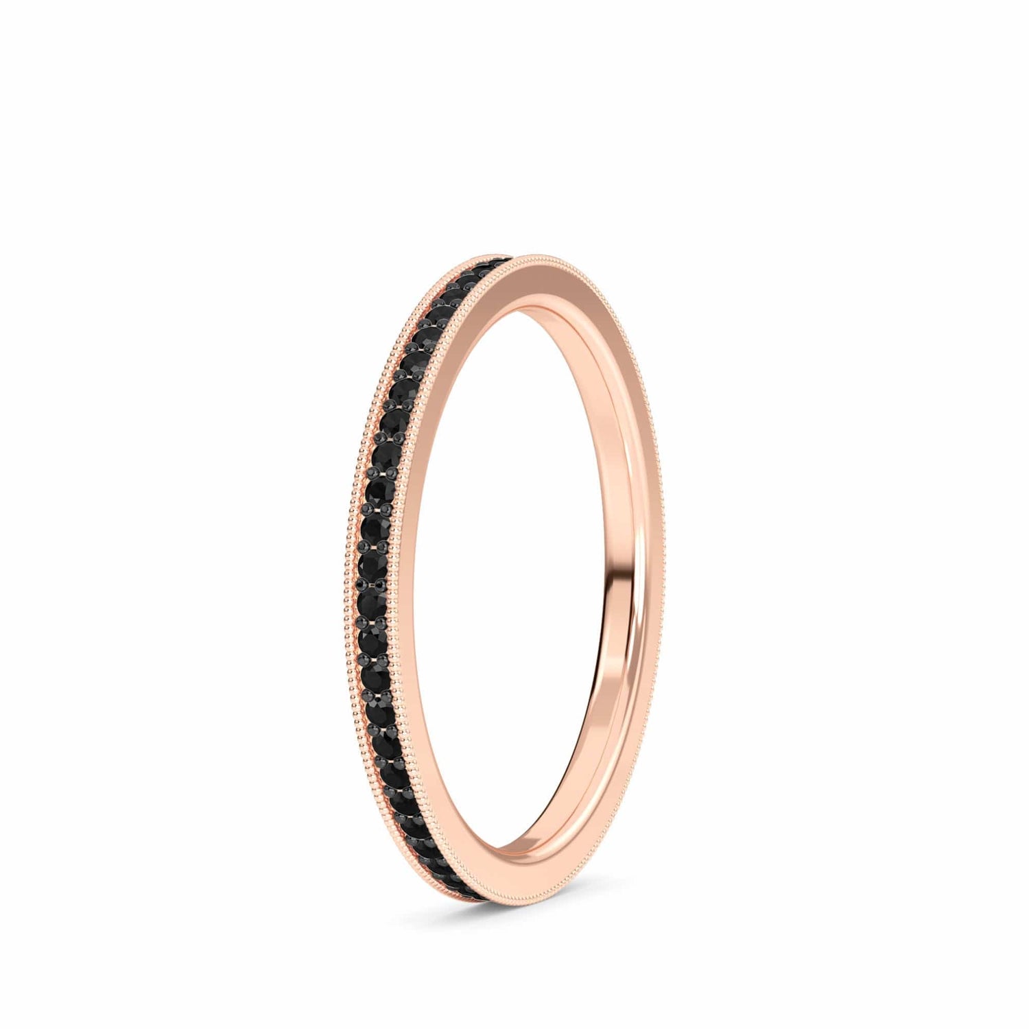 The Black Diamond Milgrain Eternity Pave Band - Mariel is a thin rose gold ring with a continuous row of small black diamonds and delicate milgrain detailing along the edges.