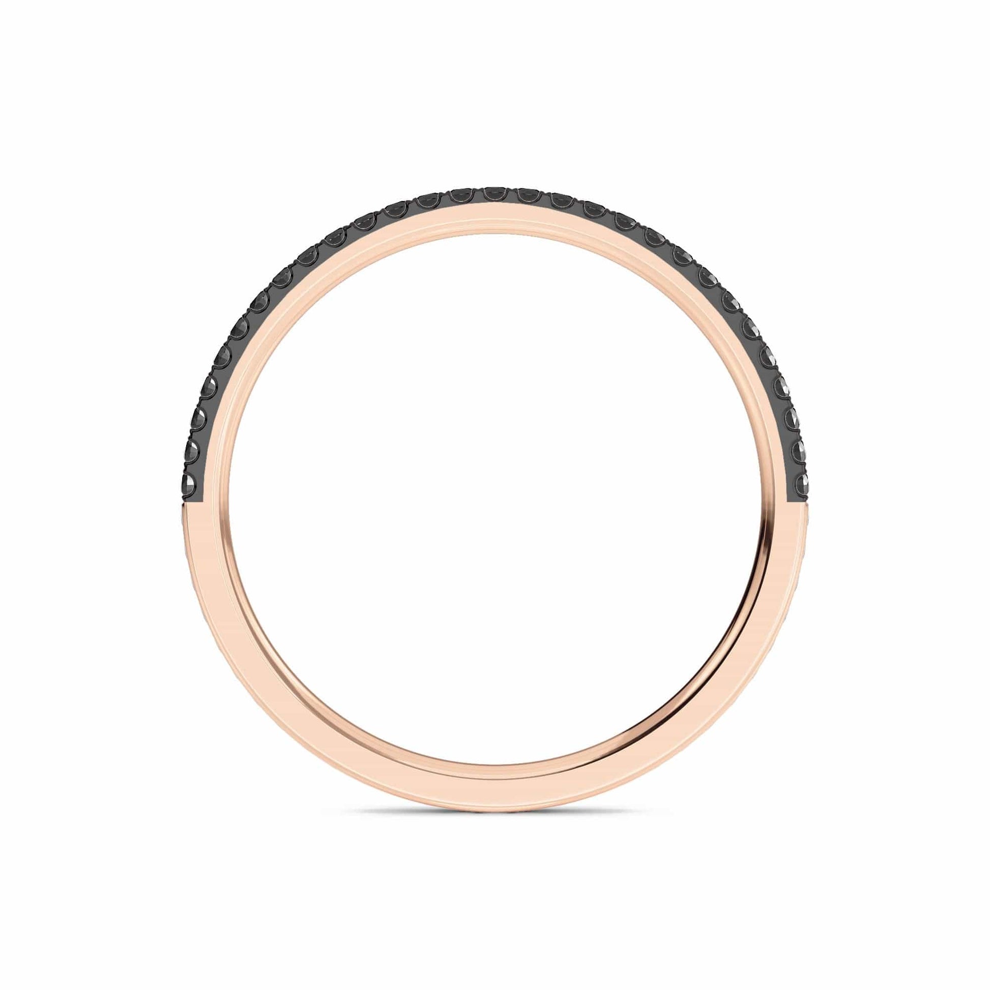 The Black Diamond Pave Half Eternity Band Ring - Stephanie features a thin rose gold band with small black stones set along the top half, shown on a white background.