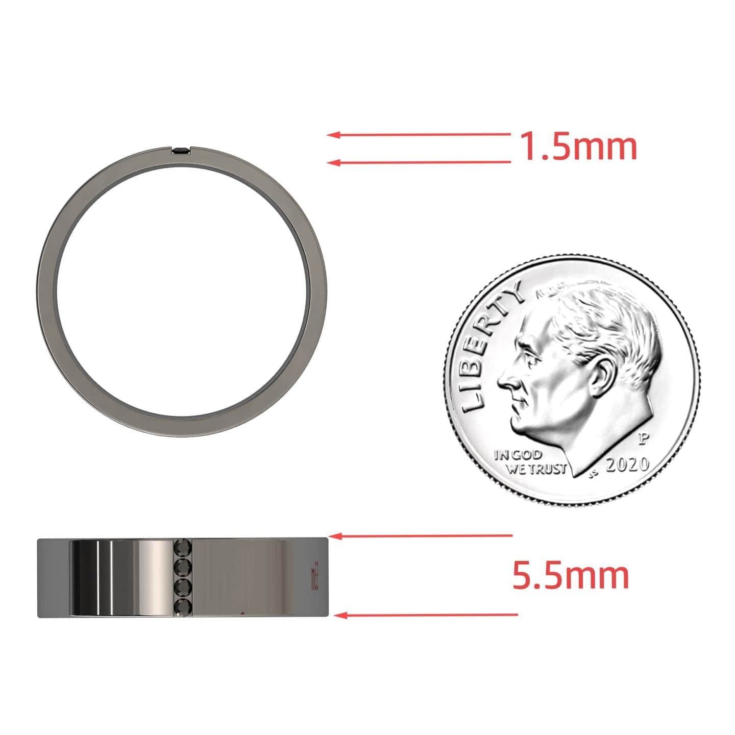 The Mens 5.5mm Black Diamond Wedding Ring - Chase is shown next to a U.S. dime for scale, with arrows marking its 1.5mm thickness and 5.5mm width, and displayed in both top and side views.