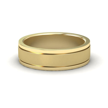 A gold-colored, grooved 6mm comfort fit wedding band ring.